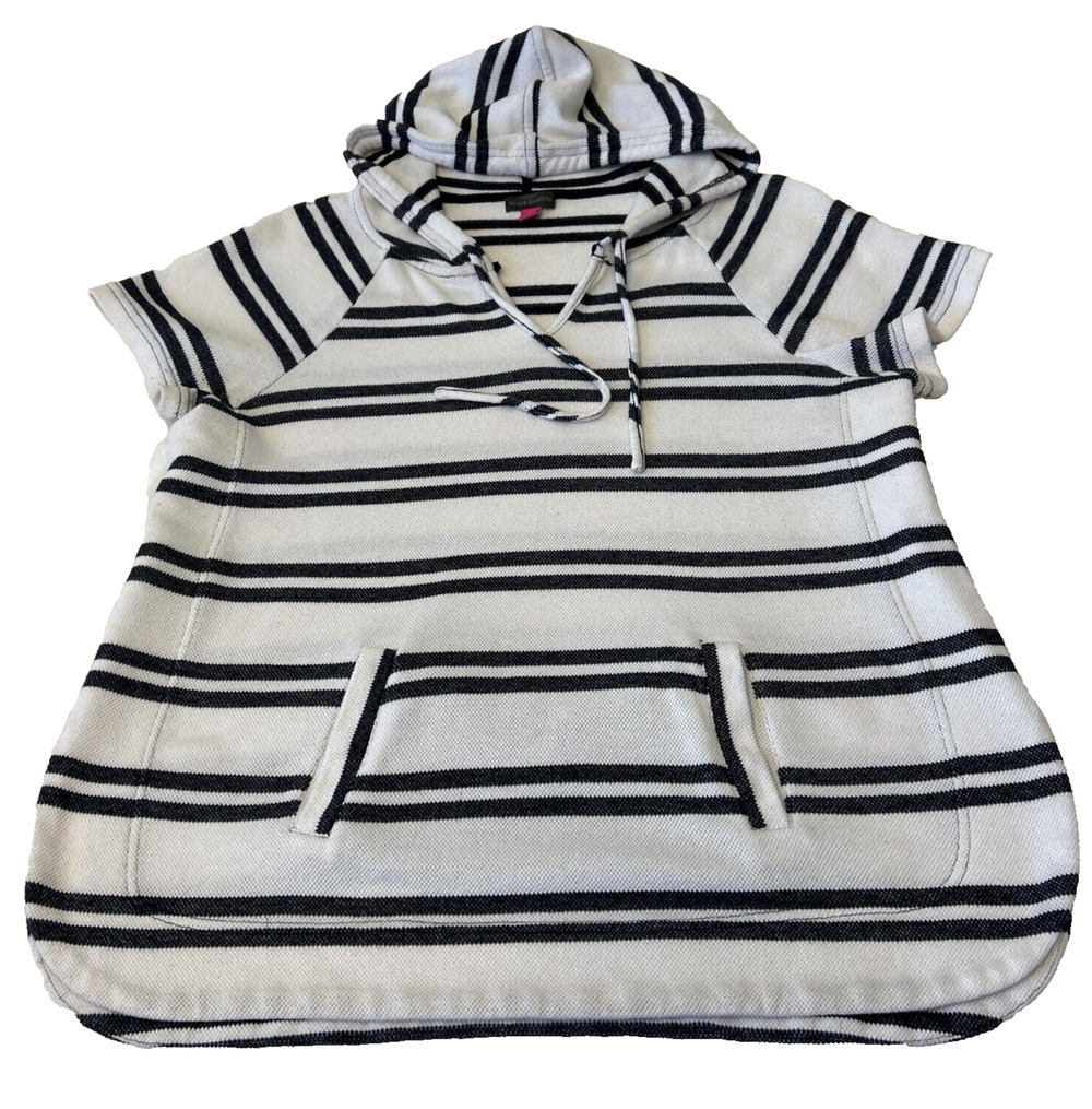 Vince Camuto Women’s Short Sleeve Striped Hooded Sweater Top Sz L Black/White